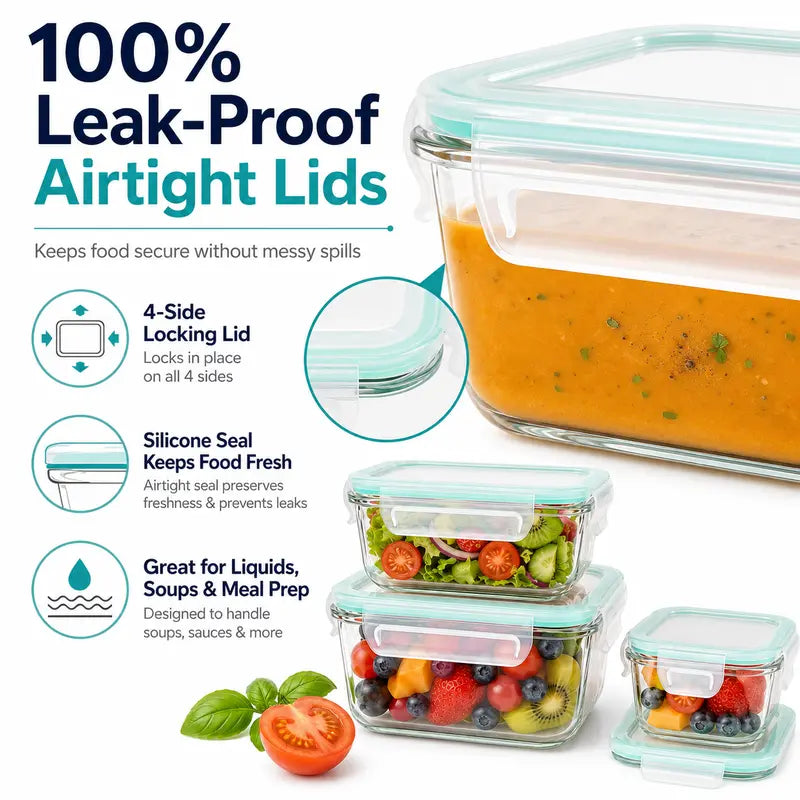 8 Piece Borosilicate Glass Food Storage Set Airtight Containers for Kitchen