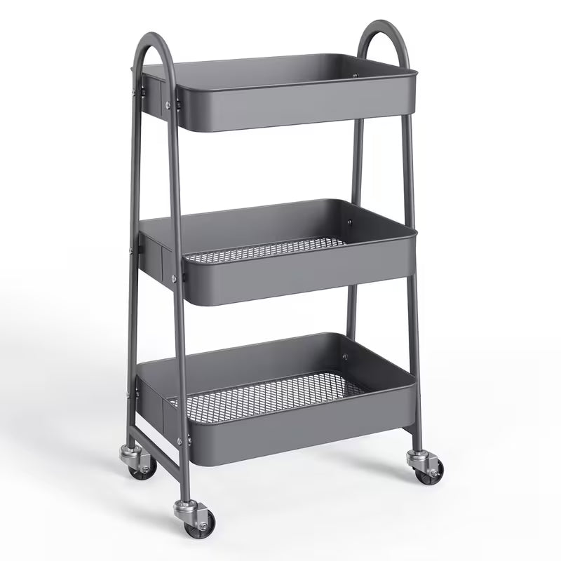 3 Tier Rolling Utility Storage Cart Lockable Wheels for Kitchen, Bathroom & Office