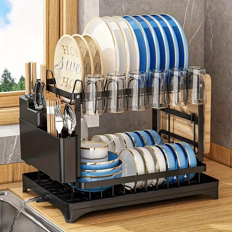2 Tier Carbon Steel Dish Drying Rack Rapid Drain Tray & Countertop Organizer
