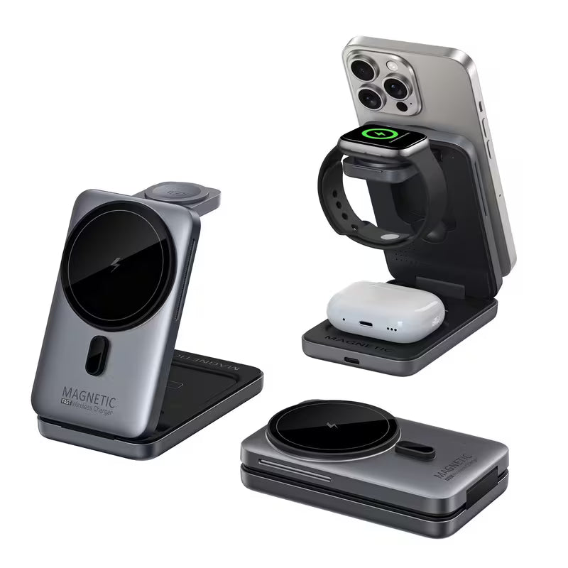 3 in 1 Foldable Magnetic Wireless Charger Travel Stand for Phone, Watch & Earbuds