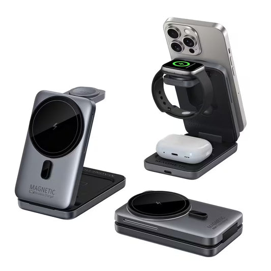 3 in 1 Foldable Magnetic Wireless Charger Travel Stand for Phone, Watch & Earbuds