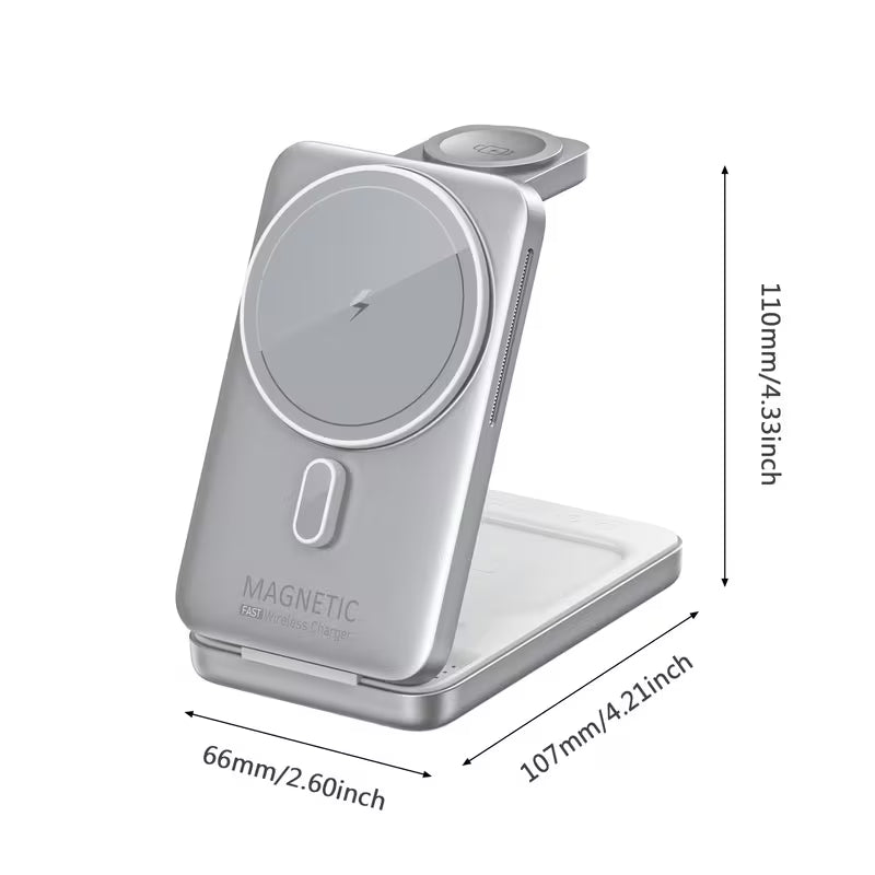 3 in 1 Foldable Magnetic Wireless Charger Travel Stand for Phone, Watch & Earbuds