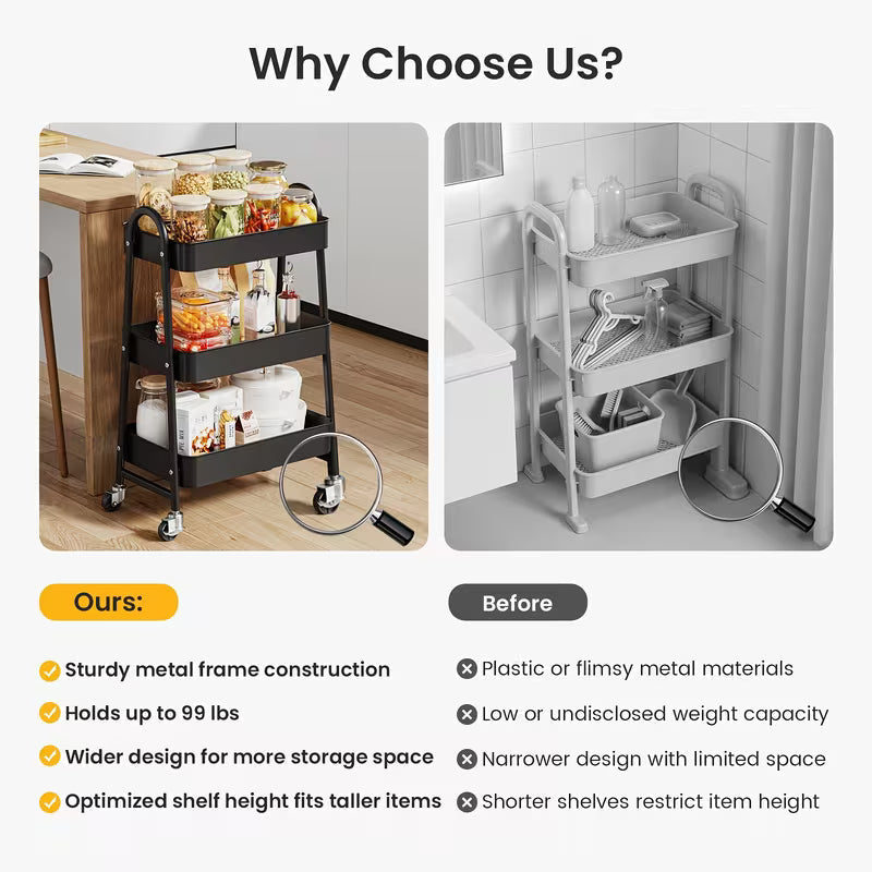 3 Tier Rolling Utility Storage Cart Lockable Wheels for Kitchen, Bathroom & Office