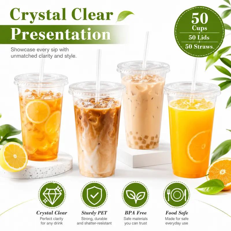 50 Pack Iced Coffee Cups with Lids & Straws Clear Disposable Cold Drink Cups