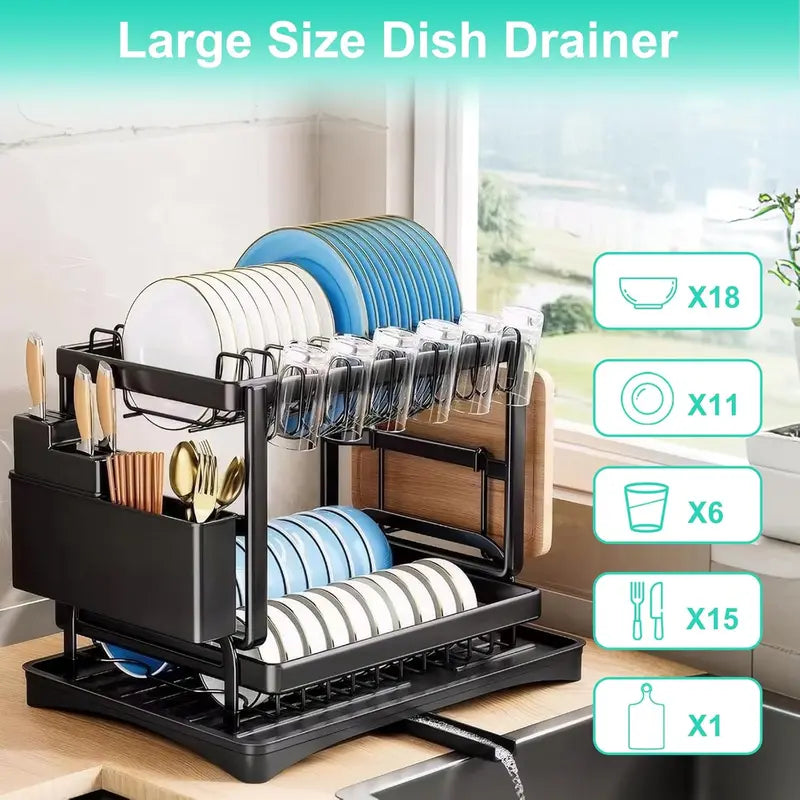 2 Tier Carbon Steel Dish Drying Rack Rapid Drain Tray & Countertop Organizer