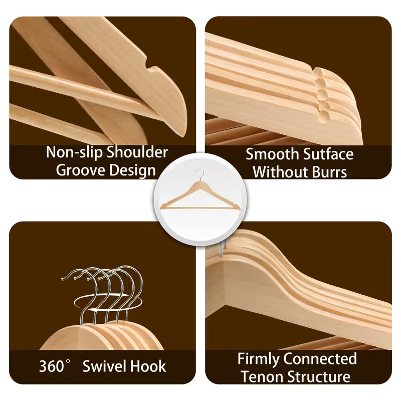Natural Wood Coat Hangers 17.32 Inch Non Slip Pant Bar & 360° Rotating Hook