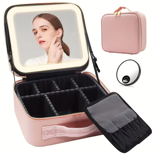 Travel Makeup Bag with LED Mirror Rechargeable 3 Color Light & Cosmetic Organizer